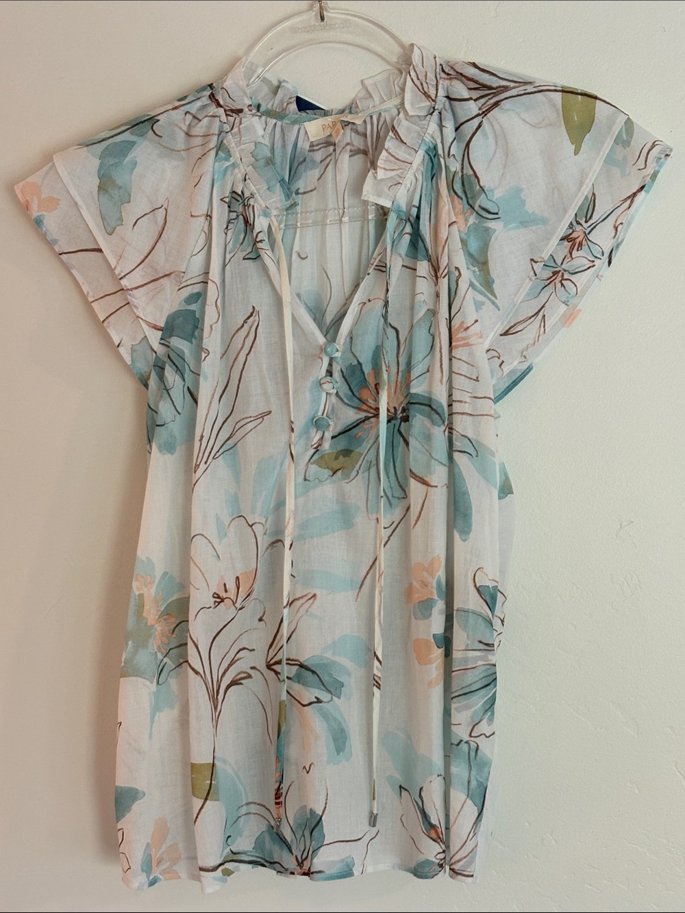 Parker White and blue Floral Tie-Neck Blouse